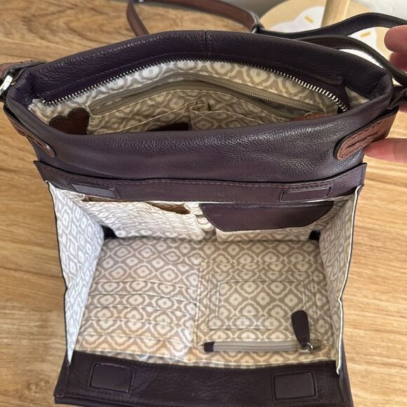 Brighton Dark Purple/Brown Leather Built in Organizer Wallet Crossbody Bag Purse - Picture 13 of 16
